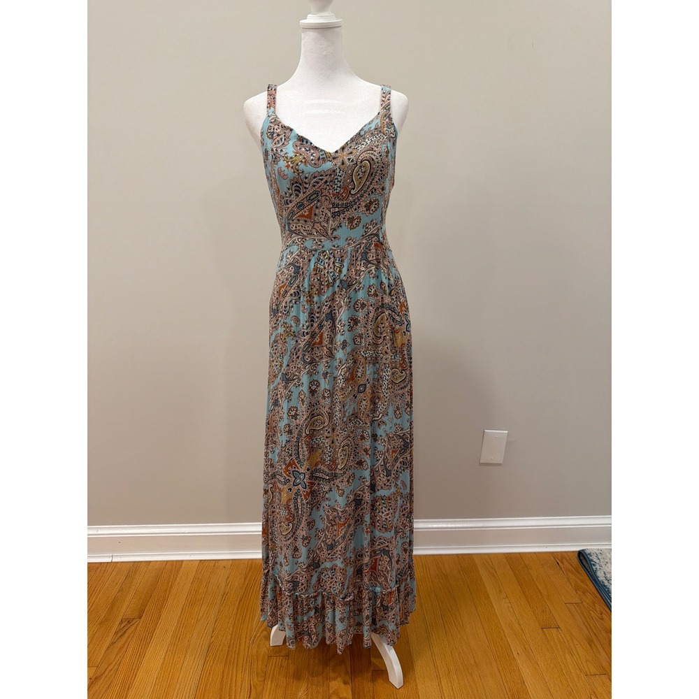 Cynthia Rowley Blue Paisley Boho Maxi Dress V-Neck Smocked Back Rayon RN59478